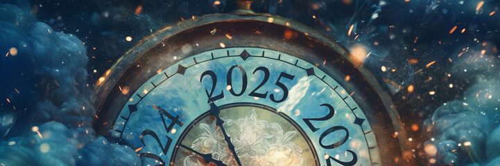 2025 New Year , Clock And Golden Fireworks Countdown To Midnight .