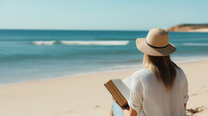 Content woman reading a book on a serene beach, showcasing slow living in soft pastel shades 