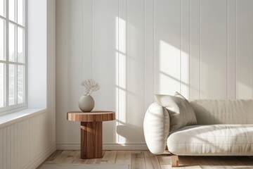 Minimalist Lounge with Beige Couch and Wooden Table. Generative AI.