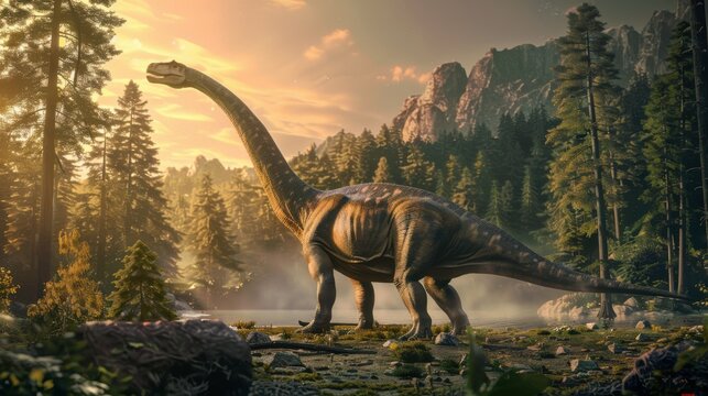 A large brontosaurus dinosaur stands in a forest at sunset, its long neck reaching towards the sky