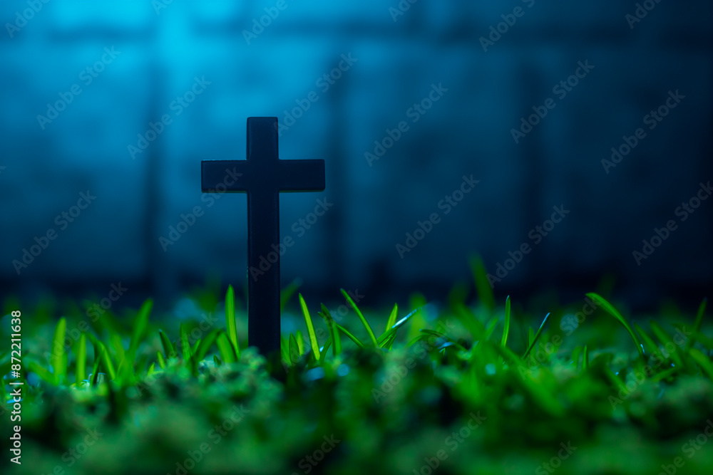 Poster diy creepy graveyard scene in yard, background with empty space for text