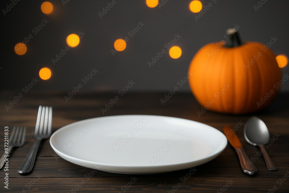 Poster eerie halloween table setting with cobwebs, background with empty space for text