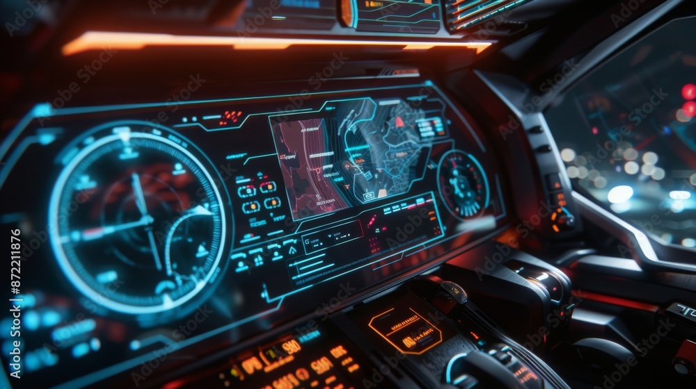 Fototapete close-up view of a futuristic spaceship cockpit with glowing blue and orange digital displays showin