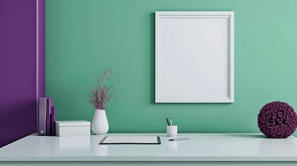 Minimalistic modern office with a white desk, vibrant purple decor, and an empty white frame on a green wall in a widescreen format.