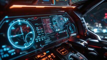Close-up view of a futuristic spaceship cockpit with glowing blue and orange digital displays showing various data and readings.