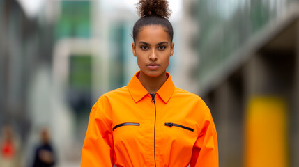 Fototapeta premium Fashion show, Confident model in a vibrant orange jumpsuit radiating modern street style on high-fashion runway 
