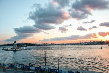 Scenic view of Maiden's Tower and Bosphorus Strait at sunset