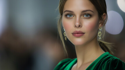 Fashion show, Elegant model in velvet green outfit exemplifying timeless fashion at high-end fashion show 