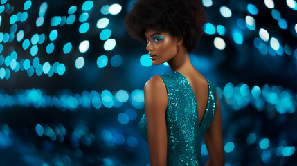 Fashion show, Exquisite model in a shimmering teal evening gown epitomizing elegance and luxury on an exclusive fashion runway 