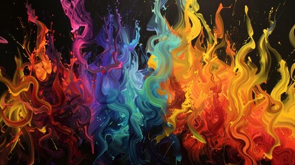 High flames reaching upward on a black backdrop, bright and vivid colors