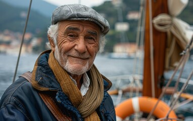 A close-up portrait of an elderly man wearing a cap and scarf, smiling, standing on a sailboat in a harbor. The water and distant shore are visible in the background