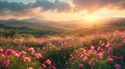 Fototapeta premium Sunset Over a Flower Field with Hills and Windmill - Generative AI
