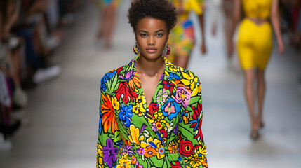 Fashion show, Trendy model in bold floral jumpsuit radiating bohemian flair on bustling fashion runway 
