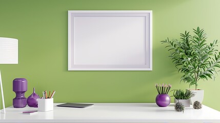Minimalistic modern office with a white desk, vibrant purple decor, and an empty white frame on a green wall in a widescreen format.