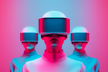 Futuristic fashionistas in holographic couture, on starkly minimalist interiors, background with empty space for text 