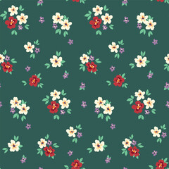 Seamless floral pattern, cute liberty ditsy print, abstract ornament in vintage motif. Pretty botanical design: small hand drawn flowers, tiny leaves, mini bouquets on dark field. Vector illustration.