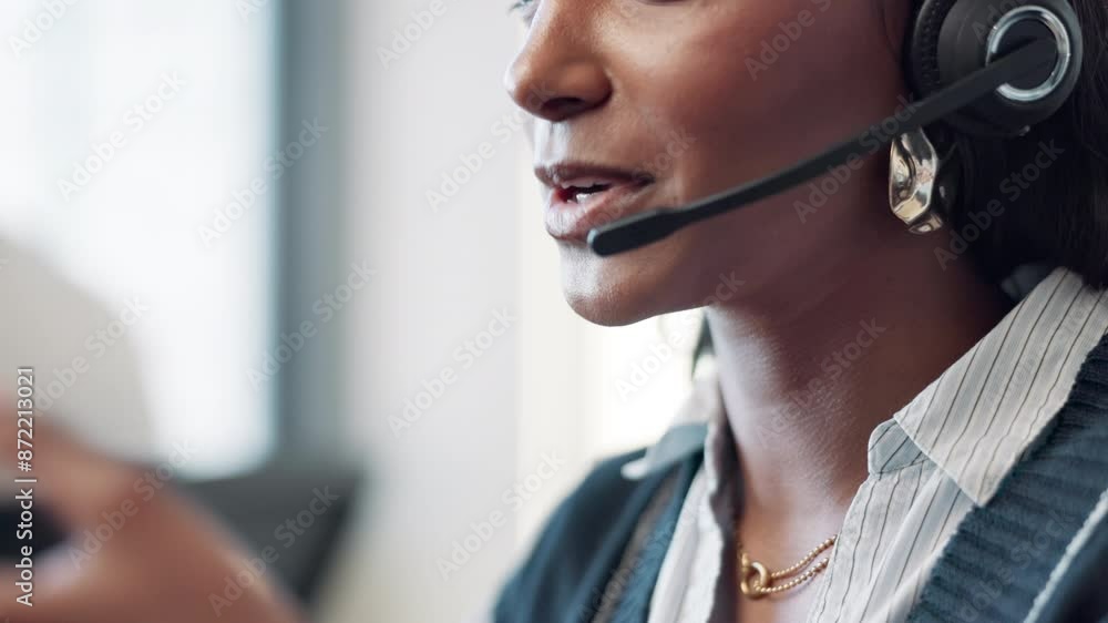 Canvas Prints Mouth, woman and microphone at call center with customer or client for support and service. Office, crm and advisor or consultant as employee in conversation, telemarketing and advice at help desk