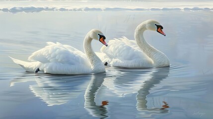 Fototapeta premium Swans Reflecting Sunlight. Generative AI