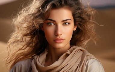 Obraz premium A woman with long, wavy brown hair looks directly at the camera, wearing a tan scarf and a white shirt