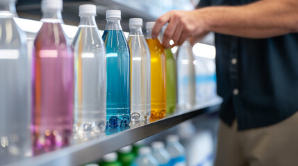 Happy customer filling up a reusable water bottle at eco-conscious retail store, highlighting sustainable hydration 