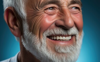 An elderly man with a gray beard smiles, looking off to the side
