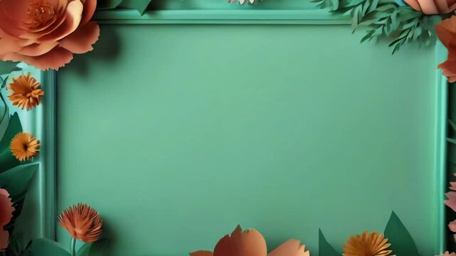 Festive floral frame animation. Blank botanical template with copy space. Colorful paper flowers and green leaves growing, appearing on pastel mint background. Decorative floral arrangement