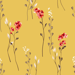 Seamless floral pattern, abstract nature print in elegant style. Elegant botanical wallpaper, textile design: small hand drawn wild flowers, thin branches, leaves in natural color. Vector illustration