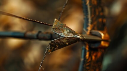 A macro shot of a nocking point on a bowstring showcasing the small metal piece that helps hold the arrow in place for a smooth release.