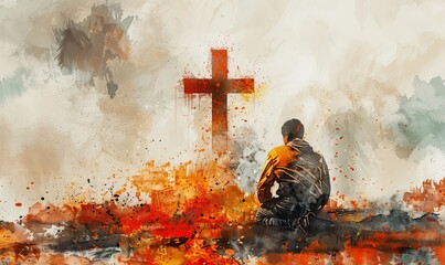 Man kneeling and praying in front of the cross. Digital watercolor painting, Generative AI