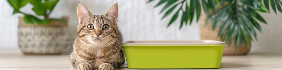 A cat is sitting in front of a green cat litter box with plant on background, wide panoramic banner with copy space.
