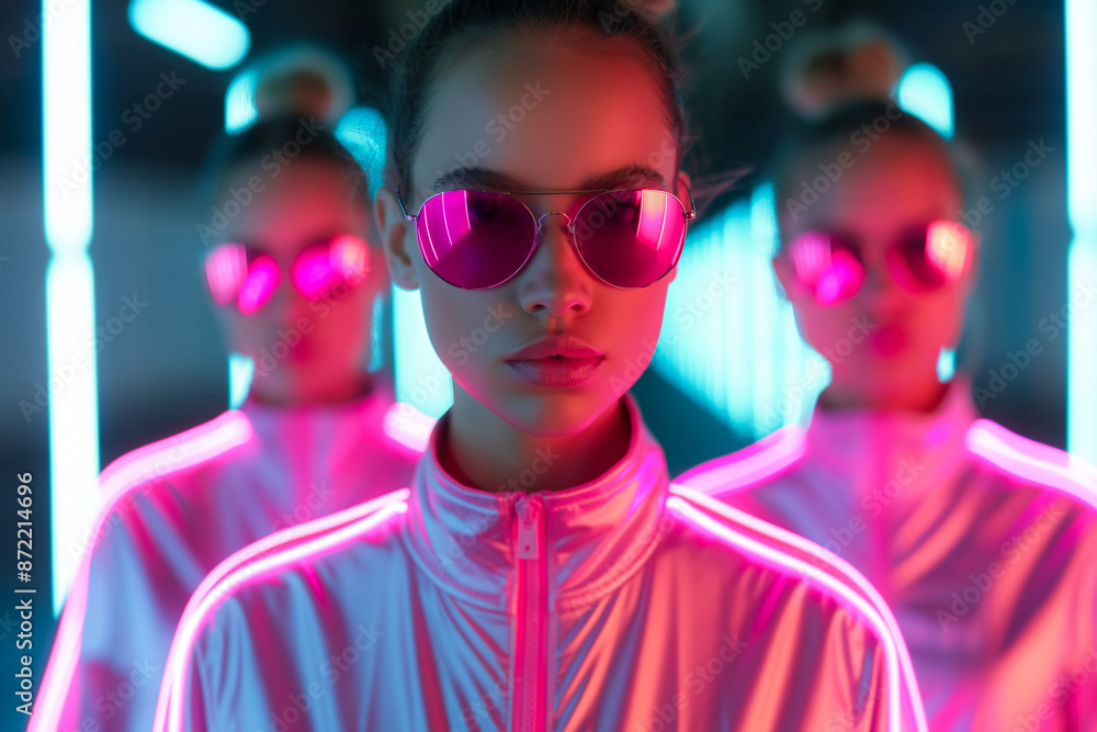 Poster reflective ensembles in neon cityscape, futuristic models posing, background with empty space for te