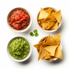 Range of gourmet flavored nacho chips paired with exotic salsas isolated on white background 