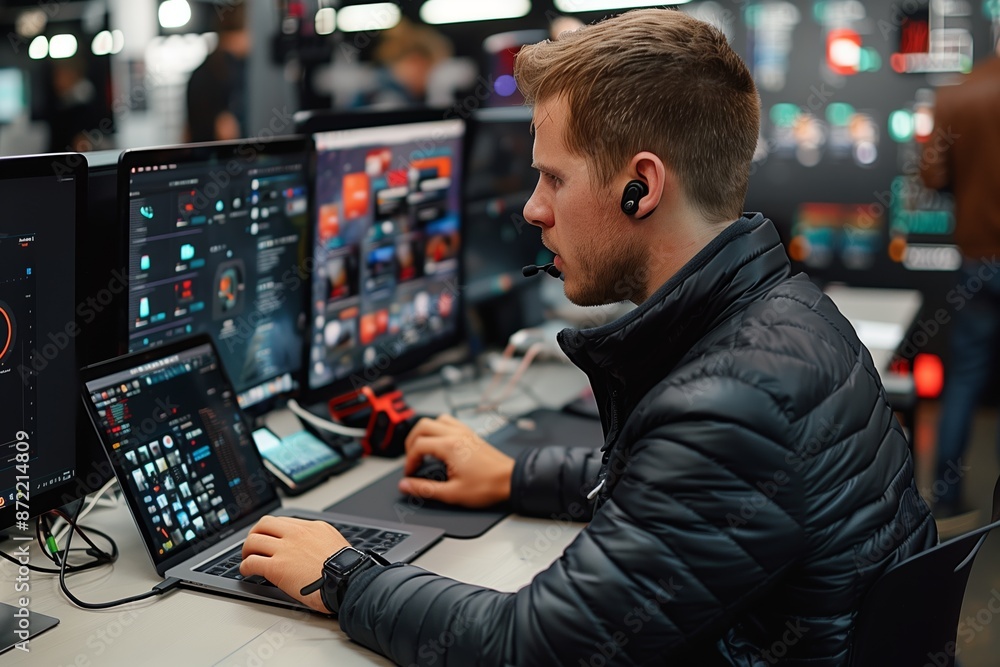 Poster young man working on laptop with multiple monitors in office setting