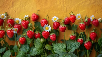 Juicy red strawberries nestle among dainty white daisies on a vivid yellow backdrop, evoking a sense of summer freshness.