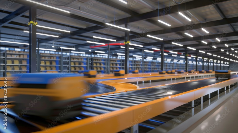 Poster packages glide on a conveyor belt in a modern, well-lit warehouse with shelves and belts, showcasing