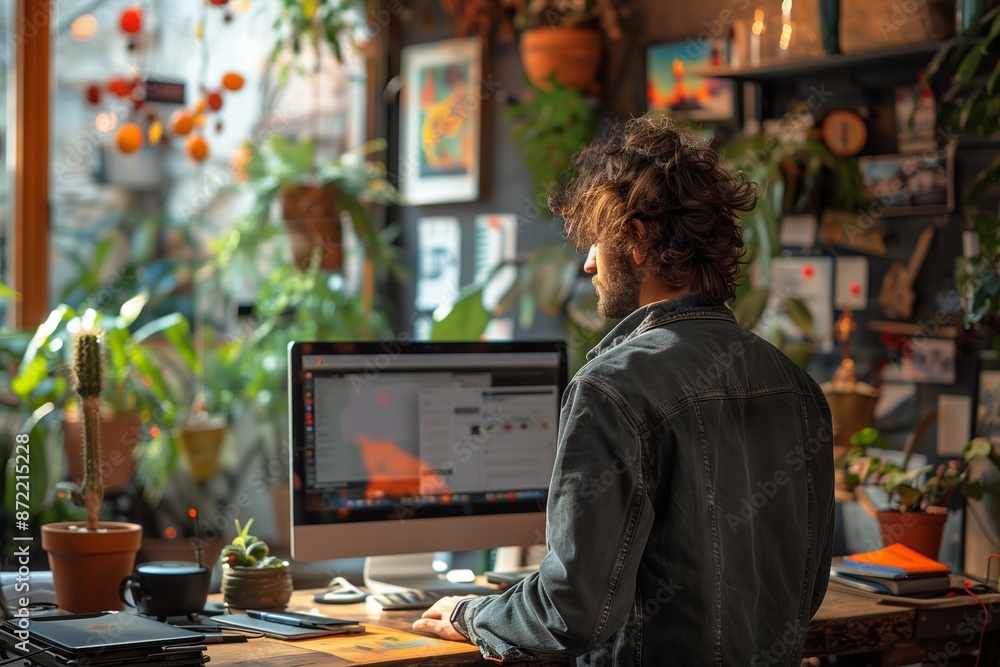 Poster man working on computer in a room with plants and natural light