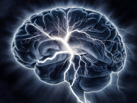 Cerebro humano con rayos de tormenta