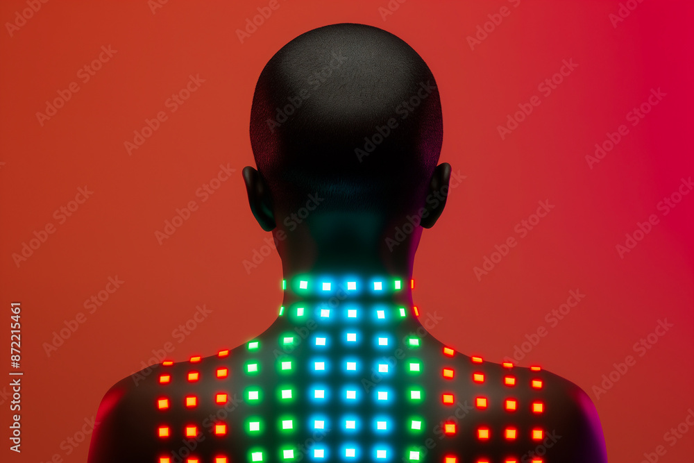 Poster ultra-modern model showcasing led-embedded bodysuit, isolated on a vibrant gradient background