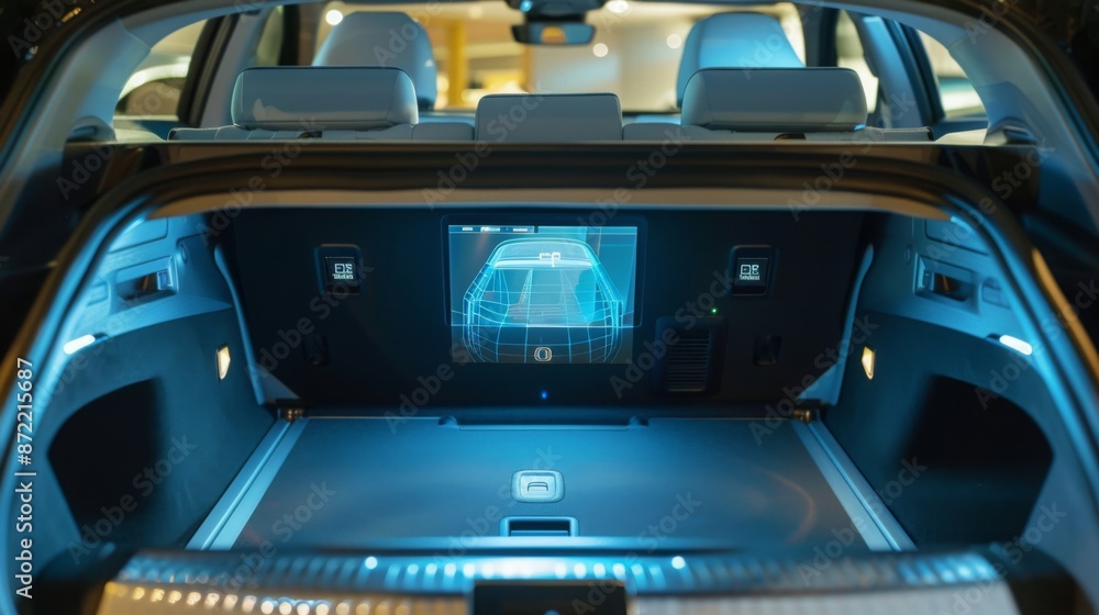 Aufkleber a view of the inside of a cars trunk. the trunk is empty and lit by blue light. a screen displays a 