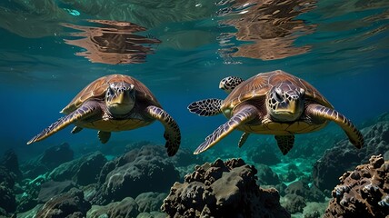 Obraz premium Sea turtles maui hawaii. Sea turtles on green tropical reef in maui, hawaii 