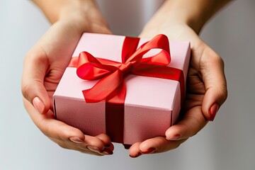 hands holding or giving pink gift box with red ribbon, front view against white background