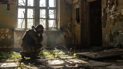 Fototapeta premium soldier kneeling praying in an abandoned building