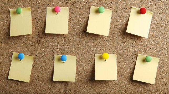 The image shows eight blank sticky notes pinned to a corkboard using various colorful tacks, representing organization, reminders, and planning. The notes are evenly spaced, creating a clean and orde