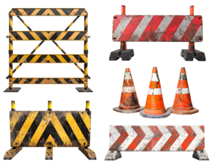 Set collection of road distressed rustic barricade barrier sign and bollard cone post, warning danger crime safety construction caution on transparent cutout PNG file. Mockup template for design