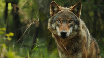 Fototapeta premium A stunning image of a wolf standing in a lush, green forest with focused eyes, capturing the essence of wildlife and nature's majesty, radiating calm and alertness.