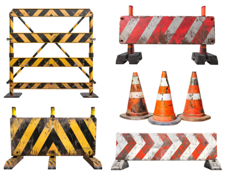 Set collection of road distressed rustic barricade barrier sign and bollard cone post, warning danger crime safety construction caution on transparent cutout PNG file. Mockup template for design