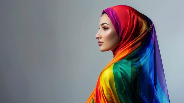 beautiful woman with hijab in LGBT flag colors on white background