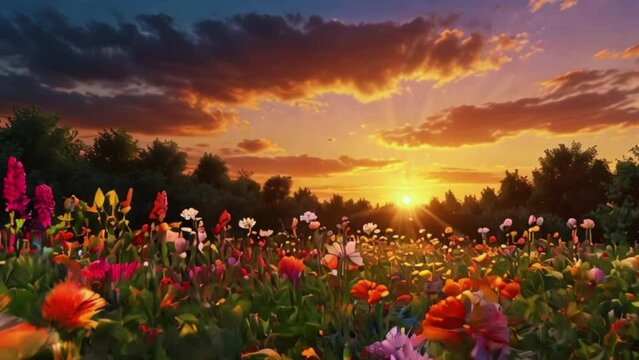 Colorful spring flowers in the sun. Various colored. Summer alpine meadow with colorful wildflowers. Camera moves among grass and colorful flowers, backlight, sunset, 4K Ultra HD resolution