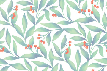 Seamless floral pattern, abstract watercolor ornament with wild berries in folk motif. Botanical design, wallpaper, textile print: small berries, large leaves on white background. Vector illustration.