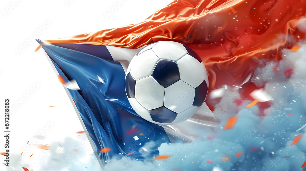 Poster EM European Championship 2024 Sport concept background banner illustration - Soccer football and waving french flag, france, isolated on white background